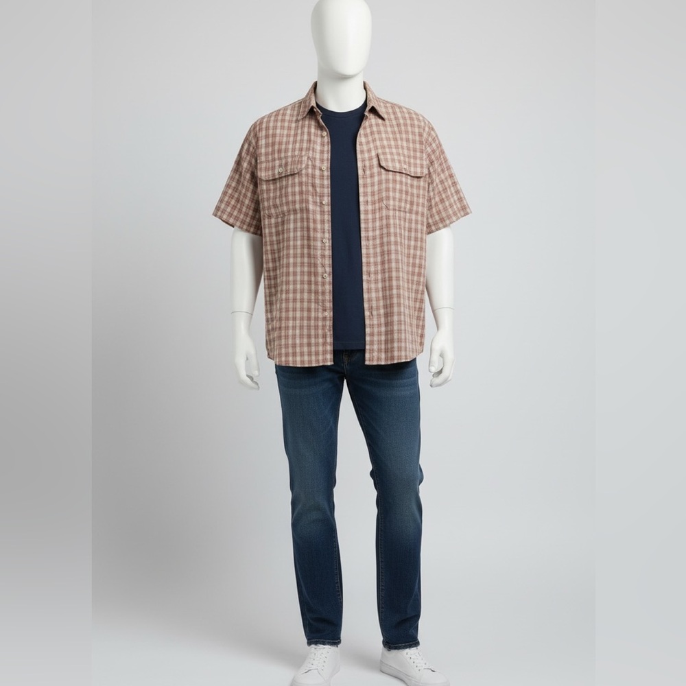 Cabela's Plaid Button Up Casual Shirt Short Sleeve Men's Red Brown Size Large